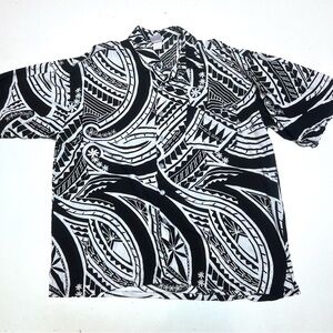 Hula Bay 2XL Hawaiian Shirt 100% Rayon White Black Geometric Print